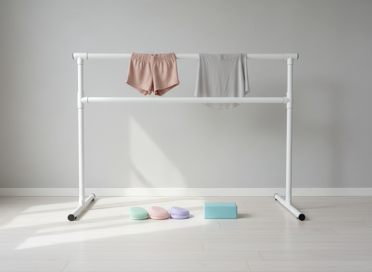 A serene practice-corner vignette featuring a portable, freestanding ballet barre in matte white metal, positioned in front of a pale dove-gray wall with subtle texture. On the barre, a pair of gently hung, blush-toned warm-up shorts and a light gray wrap skirt frame a small collection of 3D-printed turnout discs and a compact stretching block in soft pastel tones resting on the floor. A pale wooden floor reflects soft, indirect daylight entering from an unseen side window, creating delicate gradients of light and shadow across the scene. Shot from a slightly low angle with photographic realism and moderate depth of field, the centered composition feels calm and aspirational, capturing the quiet dedication of solo practice and the contemporary elegance of thoughtfully designed ballet tools.