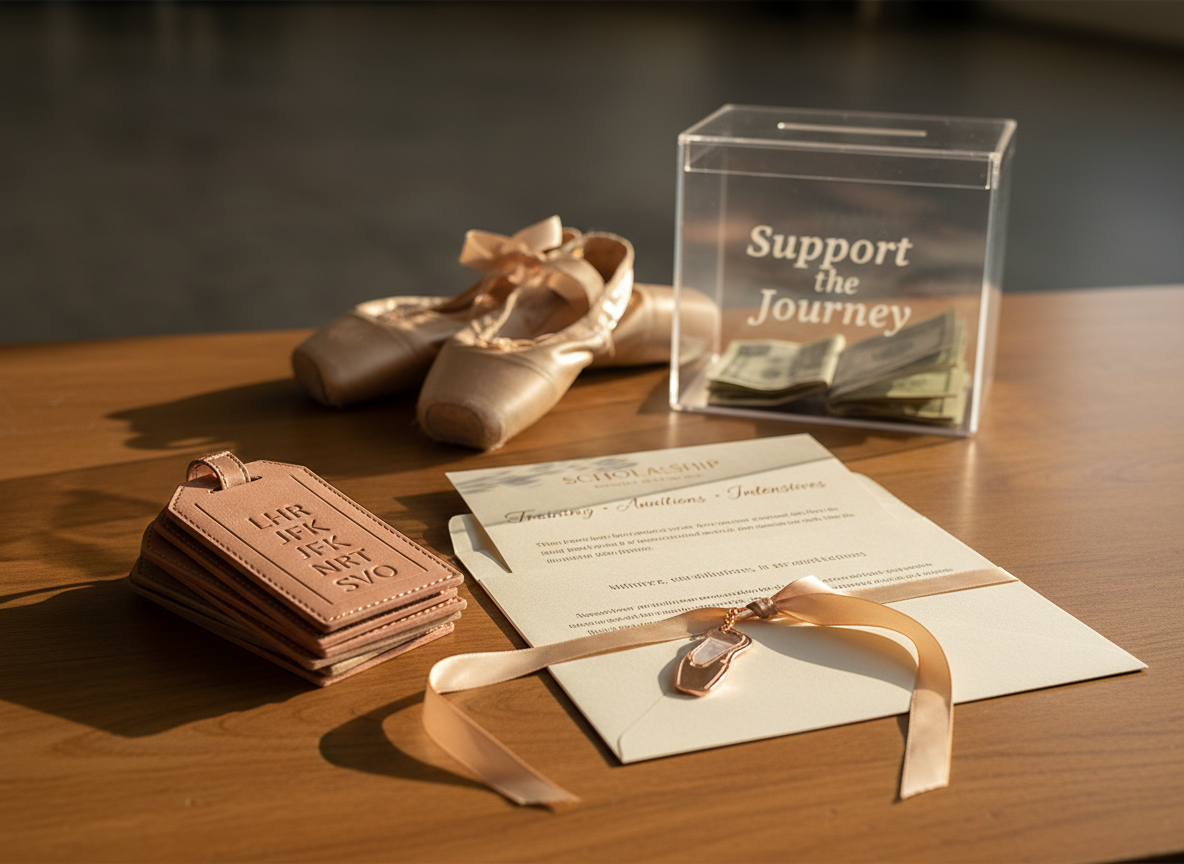 An atmospheric still life representing a ballet scholarship journey: a neatly stacked pile of travel-worn, blush and beige suitcase tags embossed with international airport codes sits beside an open, cream-colored envelope containing a scholarship letter printed on thick, textured paper that reads “Training • Auditions • Intensives” in elegant script. A slim, rose-gold bookmark shaped like a pointe shoe peeks from a closed journal tied with a satin ribbon. In the background, softly out of focus, rests a pair of carefully positioned pointe shoes and a small acrylic donation box labeled “Support the Journey” with a few visible folded bills. Soft golden-hour window light streams from the right, casting long, graceful shadows and warm highlights. Photographic realism with an eye-level, centered composition creates a hopeful, sophisticated mood, emphasizing purpose, progress, and support.