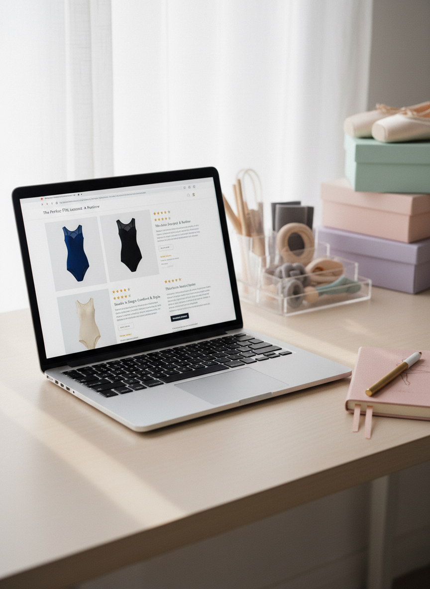 A refined desktop scene featuring an open laptop displaying a ballet blog review page with a clean, elegant interface: large product photos of leotards, star ratings, and thoughtful text blocks visible on-screen. The laptop rests on a pale wood desk alongside a closed ballet-pink notebook embossed with a tiny debossed plié motif and a slim, gold pen. In the background, slightly out of focus, a stack of pastel-colored pointe shoe boxes and a transparent acrylic organizer filled with 3D-printed dance tools hint at the shop’s offerings. Soft morning light filters through unseen sheer curtains, casting a calm, diffused glow and gentle shadows. Shot at eye level with a shallow depth of field and photographic realism, the mood is studious, sophisticated, and quietly ambitious, emphasizing honest, informative ballet gear reviews.
