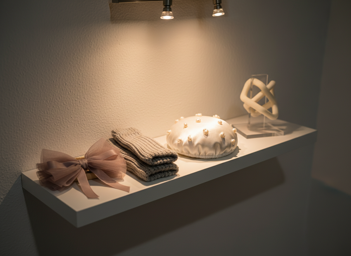 A close-up, cinematic shot of a beautifully crafted collection of handmade ballet accessories displayed on a narrow, matte white floating shelf. A delicate tulle hair bow in muted mauve, a finely crocheted warm-up legwarmer in soft heather gray, and a satin-covered bun cover with tiny, hand-stitched pearls are arranged in a thoughtful line. Beside them sits a small, transparent acrylic stand holding a sculptural, ivory 3D-printed toe spacer set, its geometric shapes catching the light. Warm, directional track lighting from above creates gentle highlights, subtle rim lighting around the accessories, and soft shadows on the wall below. Photographic realism, with a slightly elevated angle and asymmetrical composition, creates a gallery-like, sophisticated atmosphere that emphasizes craftsmanship, texture, and the elevated aesthetic of the ballet shop.